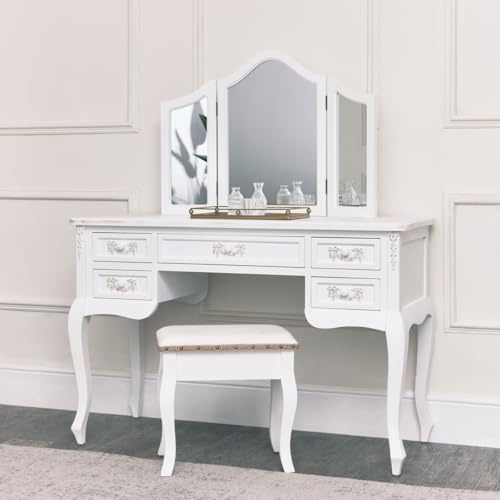 Melody Maison Antique White Dressing Table Desk with Triple Mirror and Stool - Pays Blanc Range