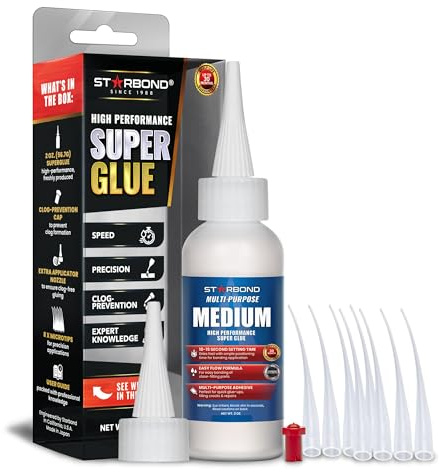 Starbond Medium Super Glue Pro Kit (2 oz) – Strong, Fast-Bonding CA Glue (Cyanoacrylate Adhesive) – with Clog-Resistant Cap, Microtips & Extra Nozzle for Quick Fixes, Woodworking, Hobby Models