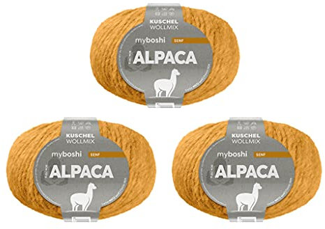 myboshi Alpaca-Wolle zum Häkeln/Stricken, temperaturregulierend, angenehm weich, für Damenoberbekleidung, Gelb (Senf) 3 Knäuel