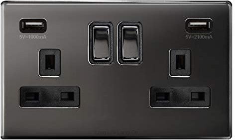 Polished Black Nickel USB Double Wall Plug Socket 2 Gang 13A with 2 USB Charger Port Outlets Socket Plate N776GME