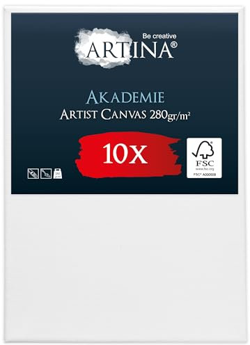 Artina FSC® Keilrahmen 10er Set Akademie 50x70 cm – Leinwand Set Maltuch aus 100% Baumwolle Leinwände 280 g/m² - Keilrahmenset Leinwand zum Bemalen für Acryl-, Aquarell-, Ölfarbe UVM