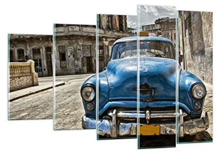 Mehrteilige Bilder auf Glas 150x100cm Glasbild Auto Retro Kuba Havanna Groß XXL Wanddeko Schlafzimmer Küche Set 5 teilige Wandbilder Dekoration Wohnzimmer Modern Wand Kunstdruck Art GEG150x100-2461
