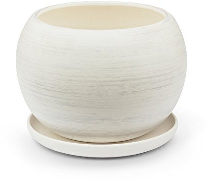 Pot de fleur ceramique Globe avec soucoupe support hauteur 13 cm diametre 15 cm couleur de beton creme