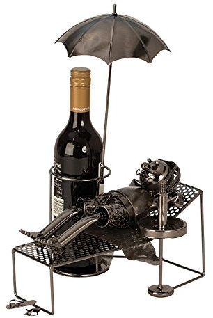 Moderner Wein Flaschenhalter Urlauber aus Metall in Silber Höhe 39 cm Länge 30 cm