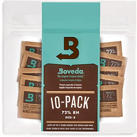 Boveda für Zigarren/Tabak | 2-Wege-Feuchtigkeitsregulierung mit 72 % relativer Feuchtigkeit | Größe 8 für bis zu 5 Zigarren | patentierte Technologie für Zigarren-Humidore | wiederverschließbare Verpackung mit 10 Stück