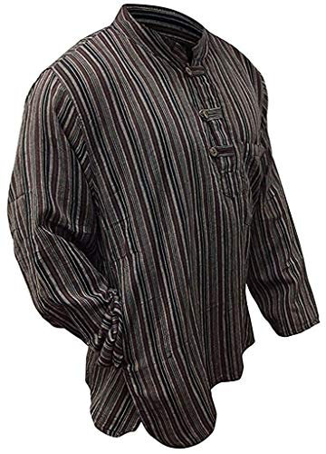 Multi Farben Mix dharke Streifen leicht bequem langärmlig traditionell Großvater Shirt, Hippy Boho, S M L XL XXL XXXL - Kaffee Mix, X-Large