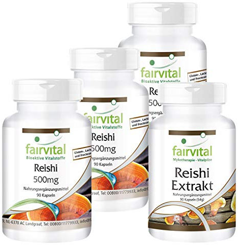 fairvital Reishi Extrakt & Reishi Pilzpulver, 360 Kapseln, HOCHDOSIERT, Ganoderma lucidum Vierteljahresversorgung, VEGAN