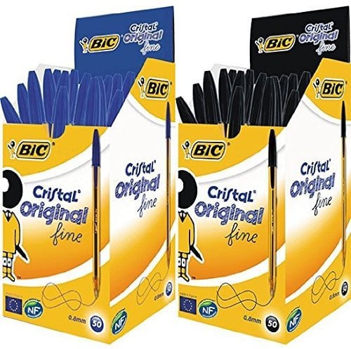 BIC Cristal Original - Caja de 50 bolígrafos de punta fina, color azul + Caja de 50 bolígrafos de punta fina, color negro