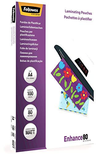 Fellowes 5452101 matte Laminierfolien Enhance 80 Mikron, DIN A4 (100er Pack), transparent, A4 / 80 Mikron, 5452103