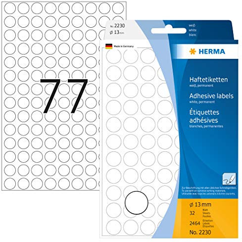 HERMA 2230 Punktaufkleber Klebepunkte weiß, 2464 Stück, Ø 13 mm, 77 pro Bogen, selbstklebend, Markierungspunkte für Kalender Planer Basteln, matt, blanko Papier Farbpunkte Aufkleber