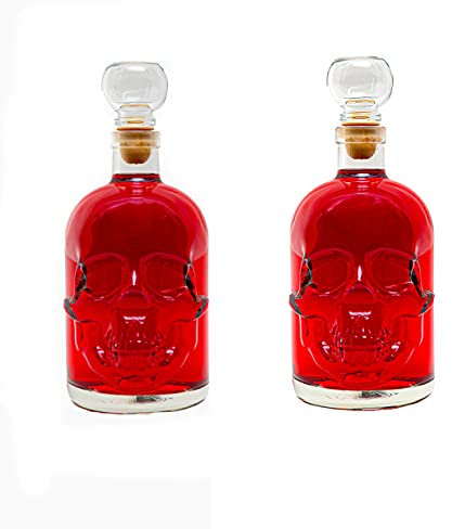 slkfactory 2 Leere Glasflaschen 500ml Glasflasche Totenkopf Made IN Germany Flasche Pirat Skull Glasschädel 0,5 Liter l Glas-Schädel Likörflaschen Whisky Karaffe Schnapsflasche