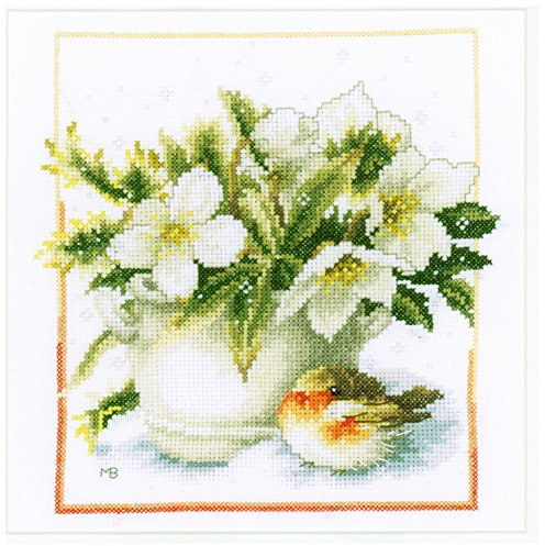 LANARTE PN Zählmusterpackung Rotkehlchen im Schnee Aida Kreuzstichpackung, Baumwolle, Mehrfarbig, 21 x 21 x 0.3 cm