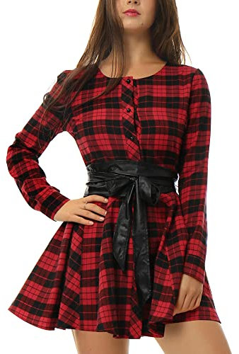 Allegra K Femmes Plaids Manches Longues ceinturé Mini Une Robe Chemise en Ligne Festival Vacances Rouge S