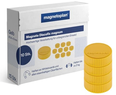 magnetoplan Premium Magnete Discofix magnum | ØxH 34x13mm | 10 Stück, gelb | Haftkraft: 2 kg | Magnete für Magnettafeln und Whiteboards | Kratzfreie Spezialbeschichtung | Leicht abnehmbar