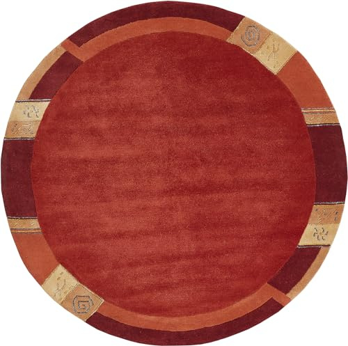 -LUXOR- living Wollteppich Manali – handgeknüpfter Kurzflor Teppich aus 100% Wolle, pflegeleicht & langlebig, für Wohnzimmer & Schlafzimmer, klassisches Design, 150 cm Rund, Rot