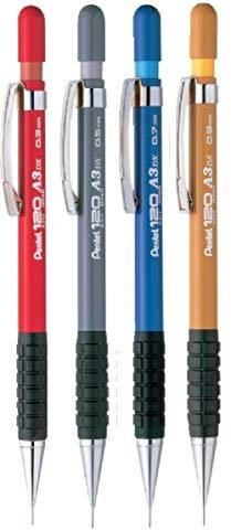 Pentel 120 DX, Größe, automatischer Druckbleistift, Kugelschreiber mit Kappe mit Clip, nachfüllbar, Metall, gummierte Griffzone (1 Stück je Größe 4 Stifte, 0,3 mm / 0,5 mm, 0,7 mm, 0,9 mm)