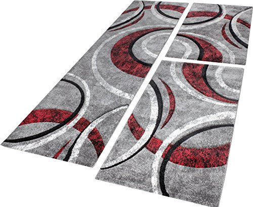 Bettumrandung Teppich mit Konturenschnitt Grau Schwarz Rot Läuferset 3 Tlg, Grösse:2mal 60x110 1mal 80x300