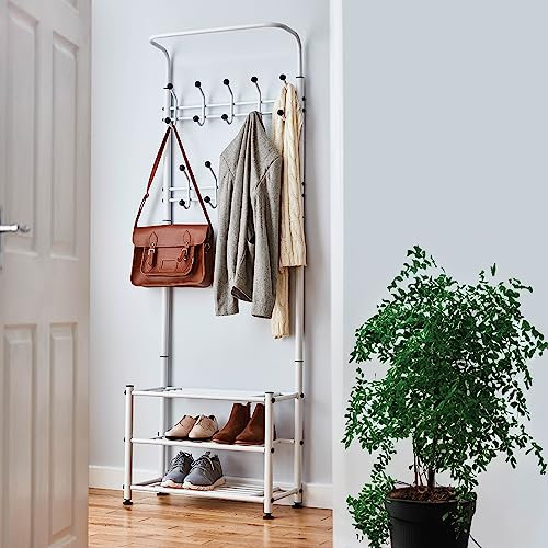House of Home Coat Stand with Shoe Rack – White Metal Hallway Storage Stand with 18 Hooks & Bench Free Standing Clothes Rack, Space-Saving Coat & Shoe Organiser for Hall or Entryway