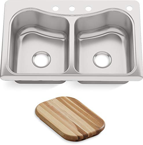 KOHLER Staccato 33 Top Mount Kitchen Sink, Stainless Steel Kitchen Sink with Double-Equal Bowl and 4 Faucet Holes, K-3369-4-NA