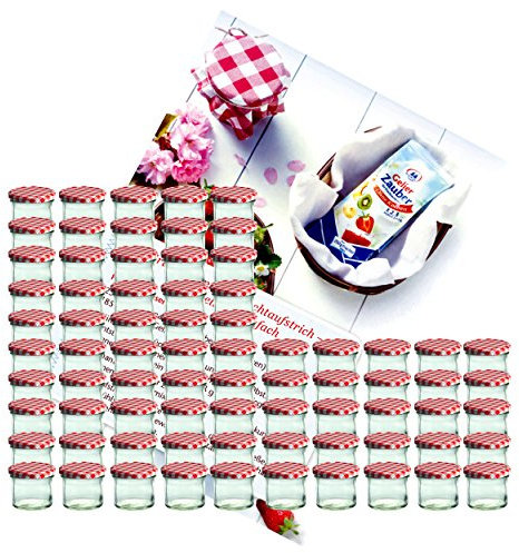 MamboCat 75er Set Sturzglas 125 ml Marmeladenglas Einmachglas Einweckglas to 66 rot Karierter Deckel incl. Diamant-Zucker Gelierzauber Rezeptheft