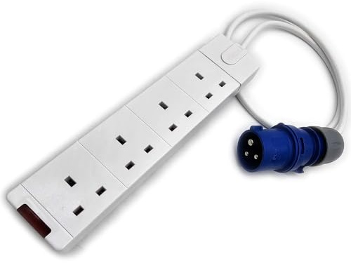 HDIUK CEE 16A IP44 AC Plug to 4 Gang 13A Mains outlet sockets. 1 Metre Fly lead converter with multiple UK Mains receptacle trailing socket. Industrial, Camping, caravan, Motorhome, Stage, event