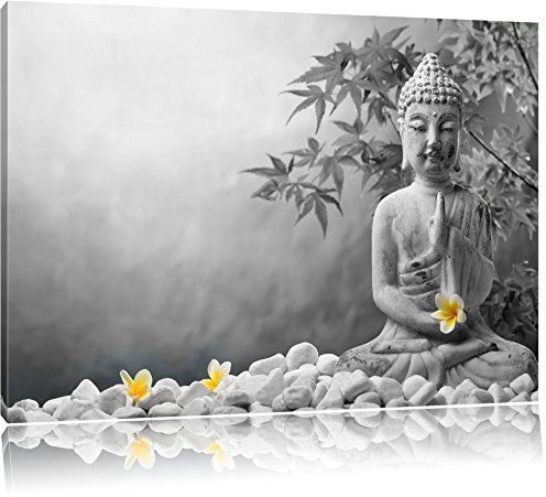 Pixxprint Buddha mit Monoi Blüte in der Hand B&W, Größe: 100x70cm, Leinwandbild, fertig gespannt, Wandbild, Dekoration, Kunstdruck, kein Poster