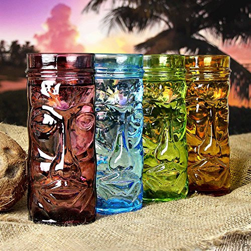 Coloured Glass Tiki Mugs 14oz / 400ml - Set of 4 - Gift Boxed Glass Cocktail Cups Shaped Like Tiki Heads
