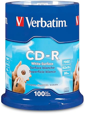 Verbatim CD-R Blank Discs 700MB 80 Minutes 52x Recordable Disc for Data and Music with Blank White Surface - 100 Pack Spindle