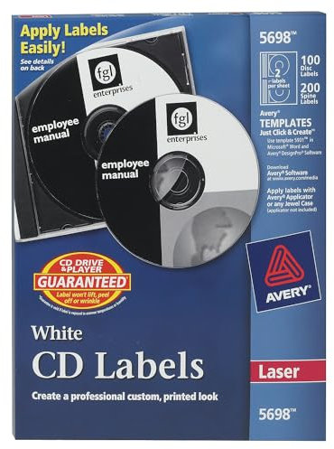 Avery CD-Etiketten für Laserdrucker, weiß, 100 Scheibenetiketten und 200 Rückenschilder (5698)