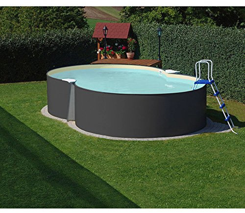 Stahlwandpool Set (5-teilig) achtform 540 x 350 x 120 cm, Stahl 0,4 mm anthrazit Folie 0,4 mm blau