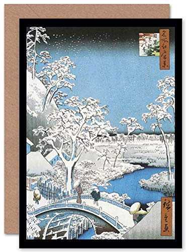 Wee Blue Coo Gemälde Japanischer Holzschnitt Winterbrücke Über Den Fluss Weihnachtskarte