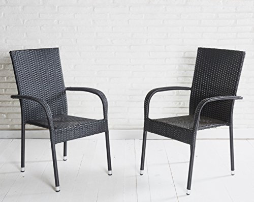 LC Garden Lübeck Stapelstuhl 2er Set Schwarz stapelbarer Gartenstuhl Garten Armlehnstuhl Bequeme Rückenlehne Balkonstuhl Bistrostuhl