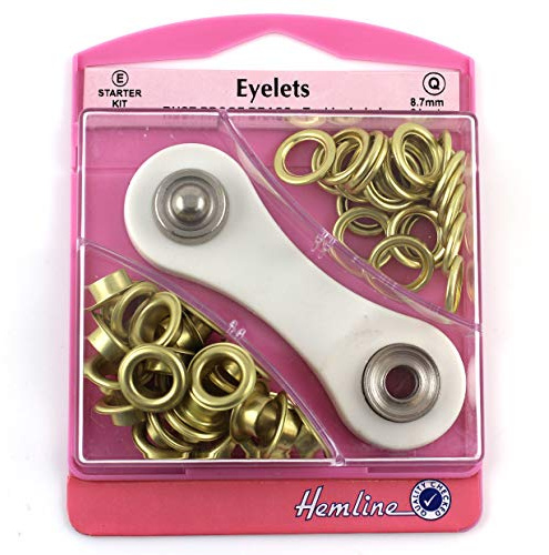 Hemline Gold Brass Eyelet Starter Kit 8.7mm (24 sets) With Metal Grommet Eyelet Tool Washers Eyelets Hole Punch & Storage Case mm H438P.8.G