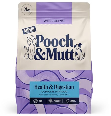 Pooch & Mutt - Health & Digestion Dry Dog Food, Salmon & Sweet Potato 2kg | Small Sized Kibble, For Senstive Stomachs and Digestion Health, Grain Free, Complete Dog Food, Packaging May Vary