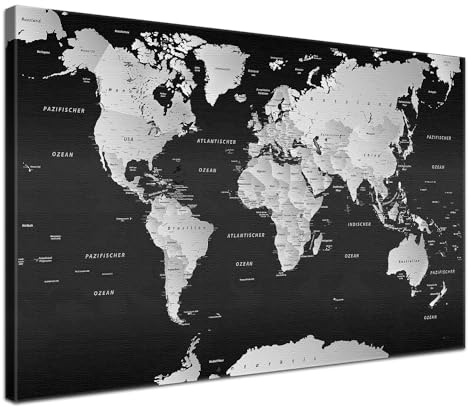 LANA KK Stilvolle Pinnwand Weltkarte - SW - Deutsch in 120 x 80 cm, stabile Rückwand zum Pinnen inkl. Starterkit - Leinwand-Kunstdruck Wandbild Landkarte XXL