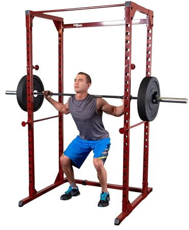 Body-Solid Best Fitness Power Rack - 14-Gauge Steel Home Gym with 500lb Capacity, Chin Bar, 23 Adjustable Safety Bars, Optional LAT & Dip Attachments, Red