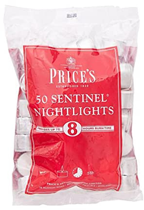 Price's - Sentinel Nightlights - Bag of 50 - Long Life Tea Lights - 8 Hour Burn Time - Quality White Wax