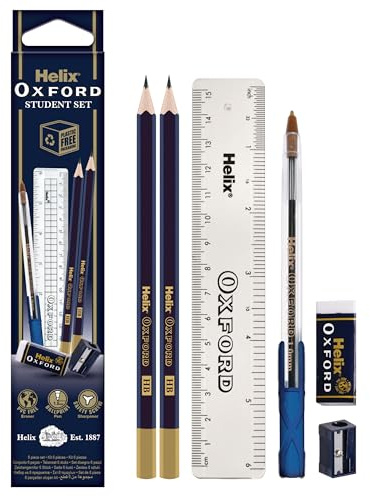 Helix Oxford Student Stationery Set - Essential student school accessories - Ruler, Eraser, Pencil Sharpener, Pencils + Ballpoint Pen - School Supplies