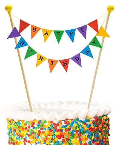 Amazing Buntings, Happy Birthday Cake Topper, Rainbow Bunting Flags Banner Party Decoration, Fully Assembled with Food Grade Wooden Poles, Small