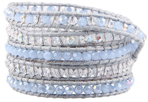 KELITCH Blue Crystal Beaded Charm Armband Auf Grauem Leder 5 Wickelarmbänder Handgefertigter Schmuck (Grau Blau)