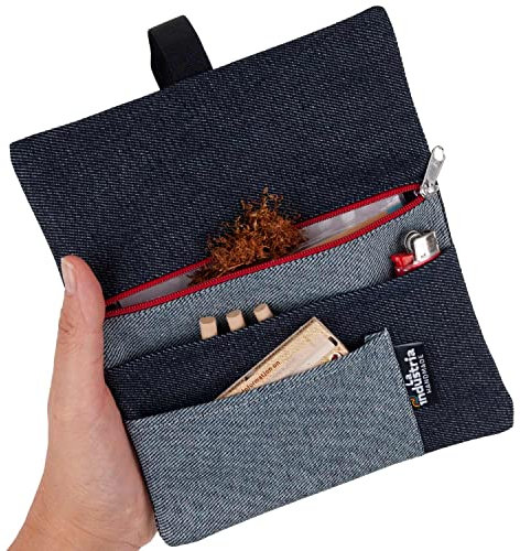 Tobacco Pouch Denim organizer with compartments for filter tips, rolling paper and lighter - Hand rolling tobacco bag holder for 30–50g bag (Red zipper)
