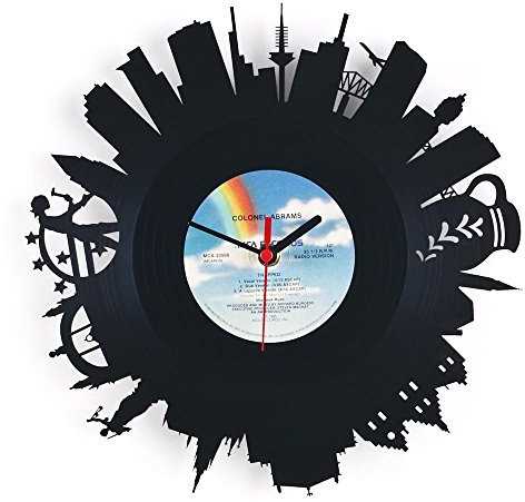 GRAVURZEILE Schallplattenuhr - Skyline Frankfurt 2018 - Wanduhr aus gegossenem Vinyl mit Stadt Skyline 30 cm - Upcycling Design-Uhr Wand-Deko Vintage Wand-Dekoration Retro-Uhr - Made in Germany