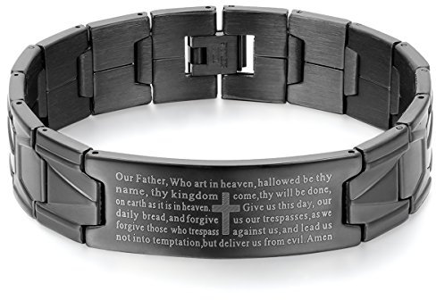 JewelryWe Stainless Steel Black Religious Cross English Lords Prayer Mens Bracelet, 8.3 Inch (with Gift Bag)