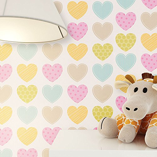 Kindertapete kleine Herze Bunt in sanften Farben | süße Tapete für Babyzimmer oder Kinderzimmer | inklusive Newroom Tapezier Hilfe | Mädchen Jungen Jungs Baby