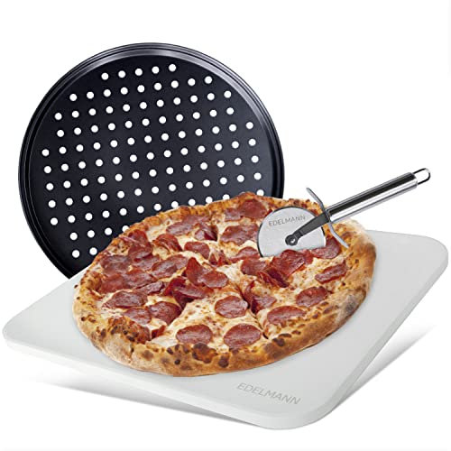 Edelmann Pizzastein für Backofen & Gasgrill (3er Set) - Pizzastein rechteckig - inkl. Pizzablech & Pizzaschneider - Pizza Stone - 38 x 30 1,5 cm