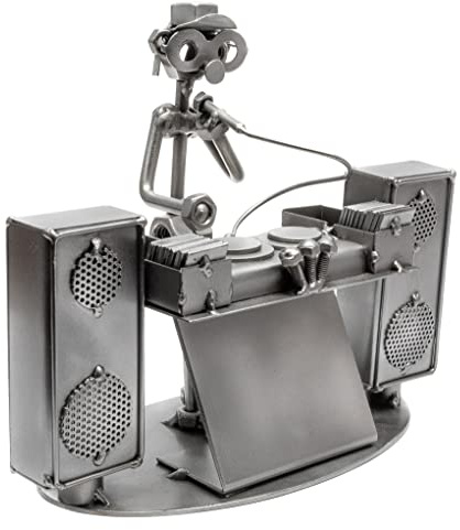 STEEMO Schraubenmännchen Figur: DJ Diskjockey, Geschenk Deko-Figur, Metall-Skulptur, Kunsthandwerk, Stahl, Grau 20x10x17cm