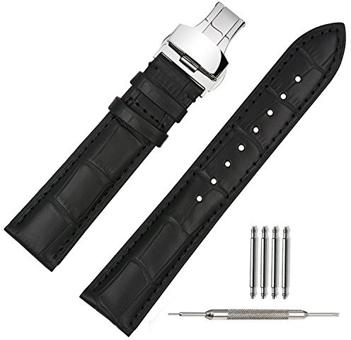TStrap Uhrenarmband 21mm Leder - Armband Schwarz Herren - Lederarmband Uhrenband mit Edelstahl Faltschließe Faltschliesse - 18mm 19mm 21mm 22mm