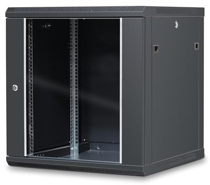WAYTEX 37412M Coffret 19 Pouces 12U 600x600, Baie de Brassage 12U, Mural ou Pose sur Pieds Fournis, Porte vitrée à Serrure - Couleur Noir – Livré Monte