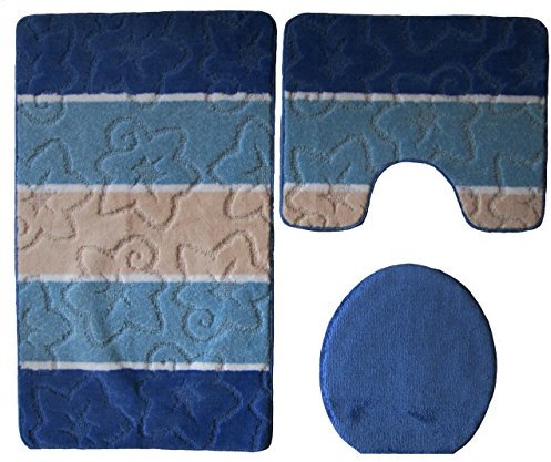 Orion Badgarnitur 3 TLG. Set 60x100 cm, farbig gestreift, WC Vorleger mit Ausschnitt für Stand-WC (dunkelblau blau beige)