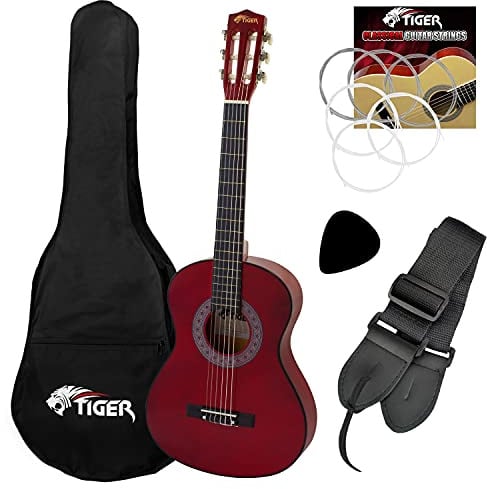 Tiger CLG4-LH-RD Konzertgitarre für Linkshänder, 3/4-Größe, mit Gigbag, Gurt und Plektren, Rot